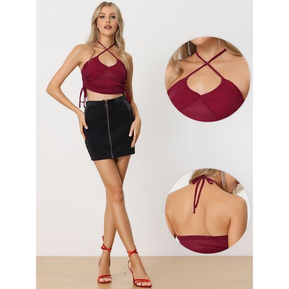 Glitter Crop Top Tie Neck Sleeveless Sheer Club Party Tops Red - Picture 2 of 6